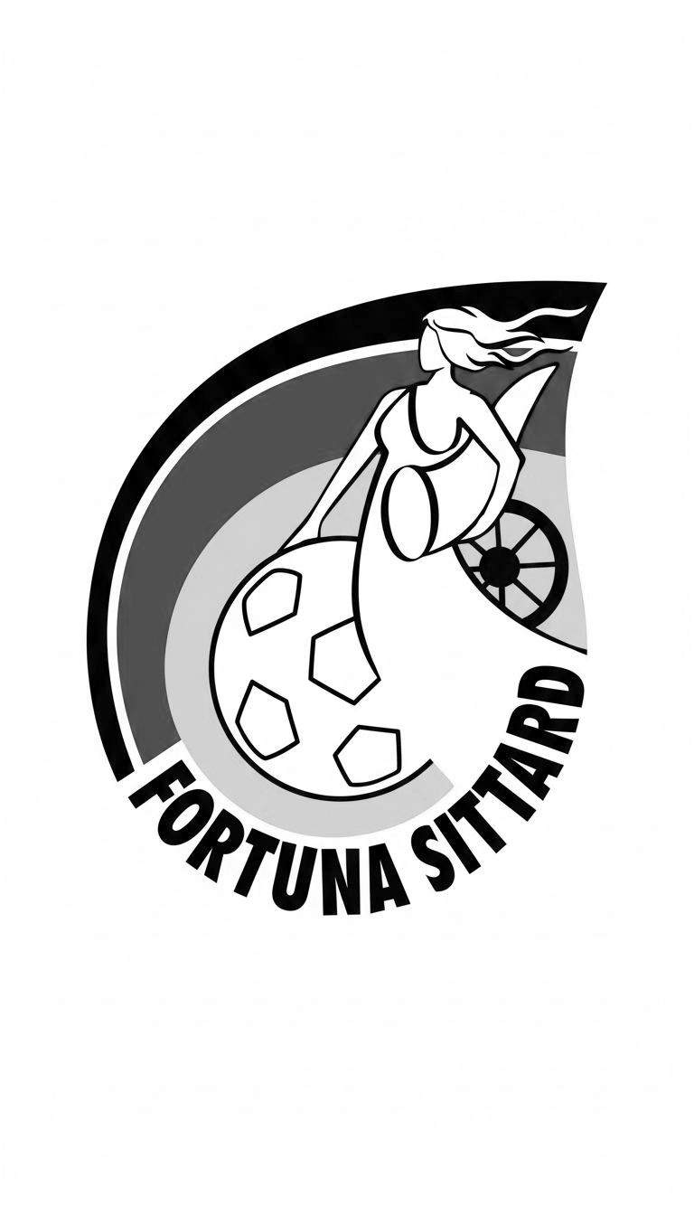 Kleurplaat van het Fortuna Sittard logo, met de godin Fortuna, een voetbal, een wiel en de tekst 'FORTUNA SITTARD'.
