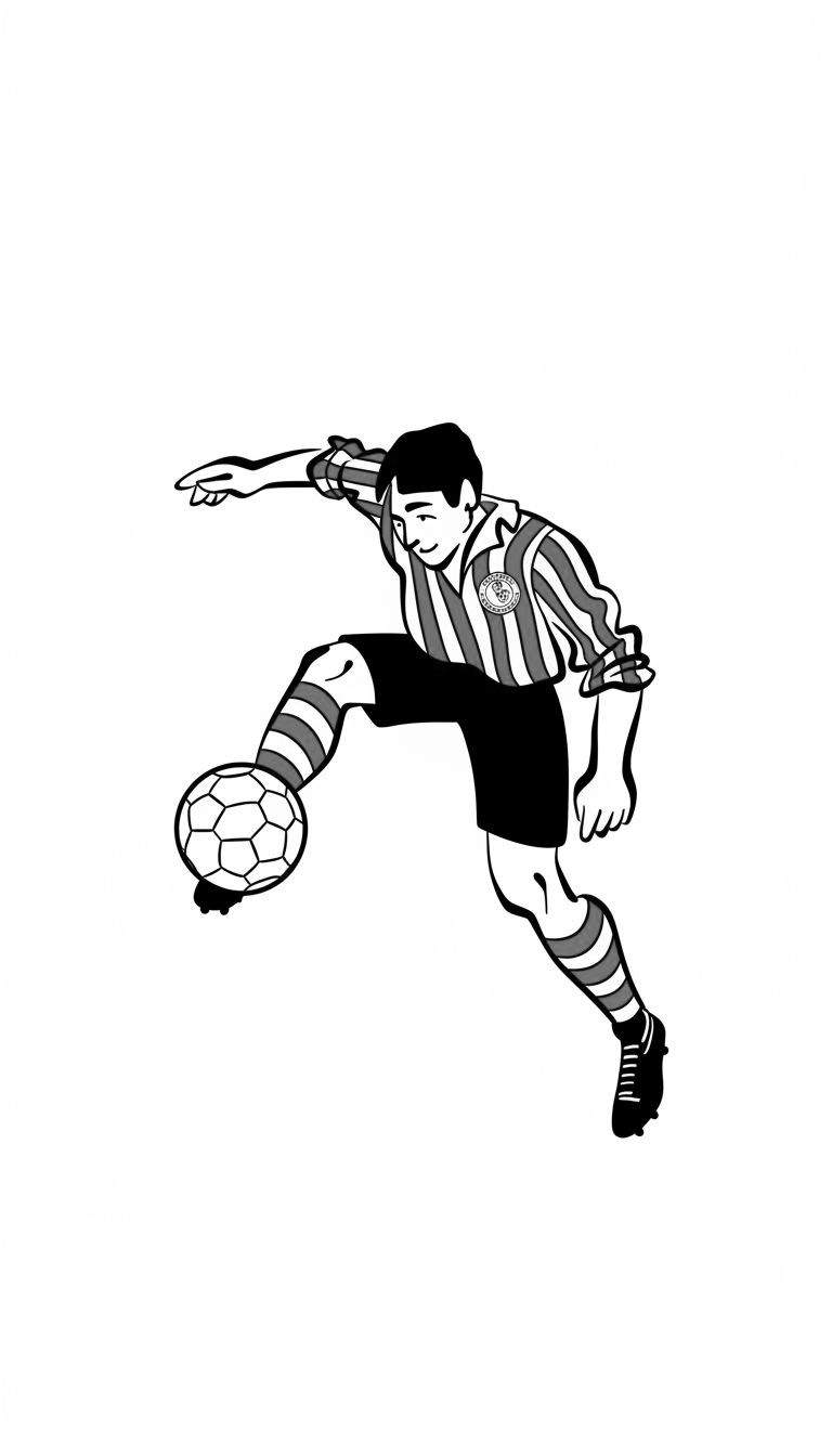 Zwart-wit kleurplaat van een Sparta Rotterdam voetballer die de bal hooghoudt met zijn linkervoet, gekleed in gestreept shirt en voetbalschoenen, in cartoonstijl.