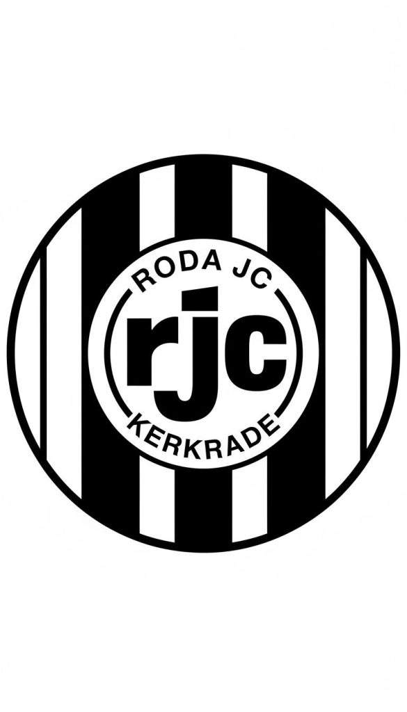 Zwart-wit logo van Roda JC Kerkrade kleurplaat met verticale strepen en tekst RODA JC, rjc, KERKRADE.