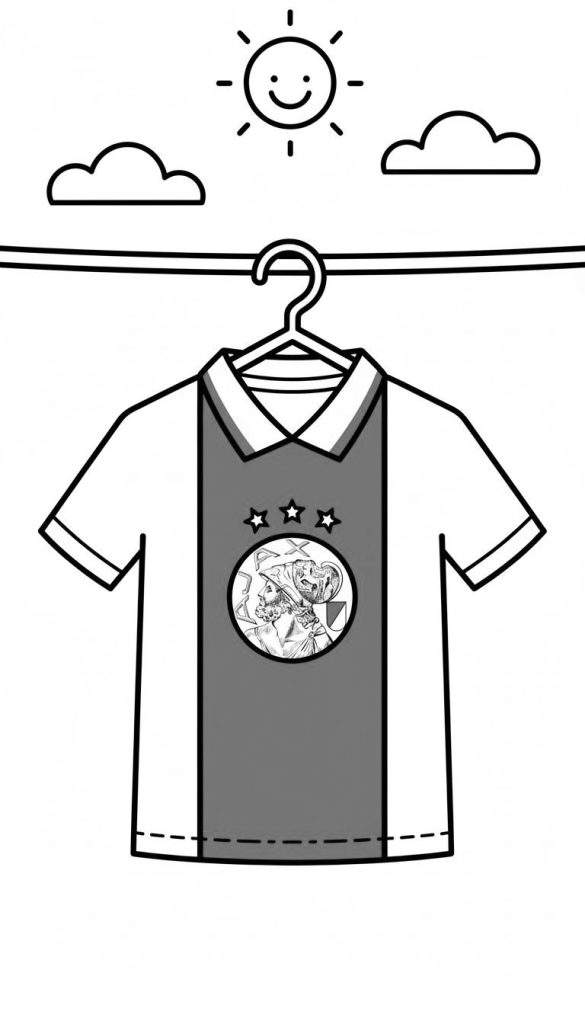 Kleurplaat van een Ajax poloshirt met clublogo, drie sterren, en een grijze verticale baan, hangend aan een waslijn onder een lachende zon en wolken, in zwart-wit en grijstinten.