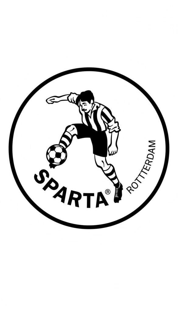 Kleurplaat van het Sparta Rotterdam clublogo: een gestileerde voetballer dribbelt een bal binnen een cirkel met de teksten 'SPARTA' en 'ROTTERDAM'.