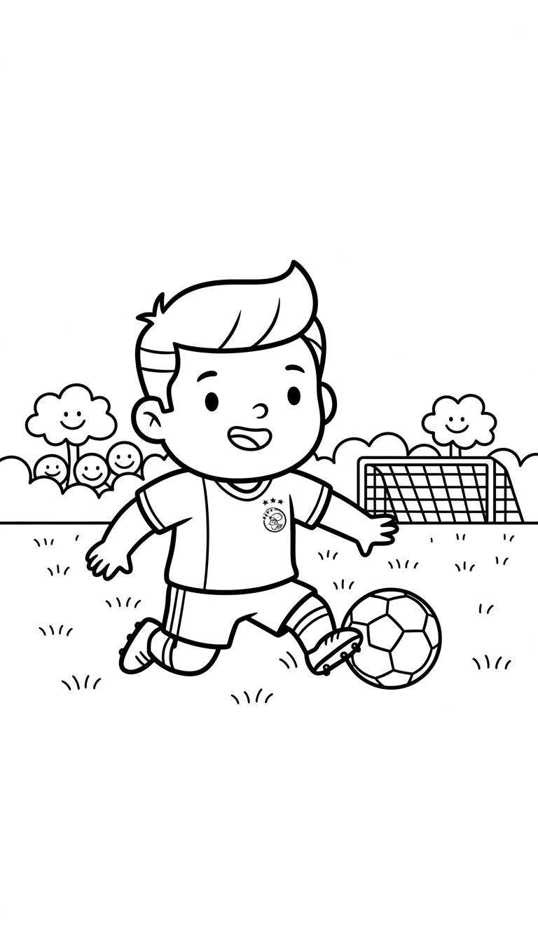 Zwart-wit kleurplaat van een vrolijke jongen in een Ajax voetbalshirt met bal aan de voet op een grasveld, met een voetbaldoel en blije natuurlijke elementen op de achtergrond.