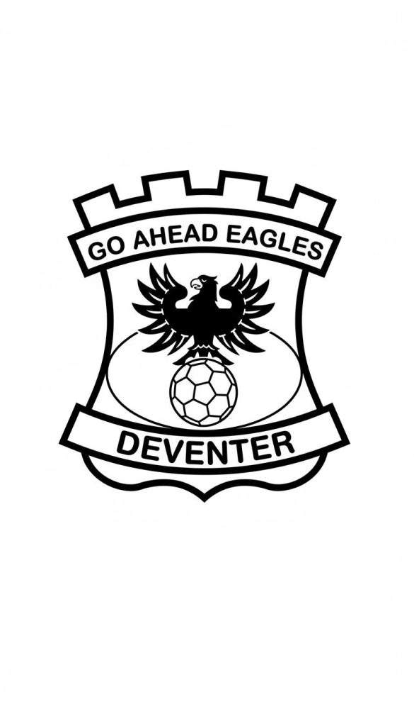 Zwart-wit kleurplaat van het Go Ahead Eagles logo: een wapenschild met gekanteelde rand, de tekst 'GO AHEAD EAGLES', een adelaar op een voetbal, en 'DEVENTER'.