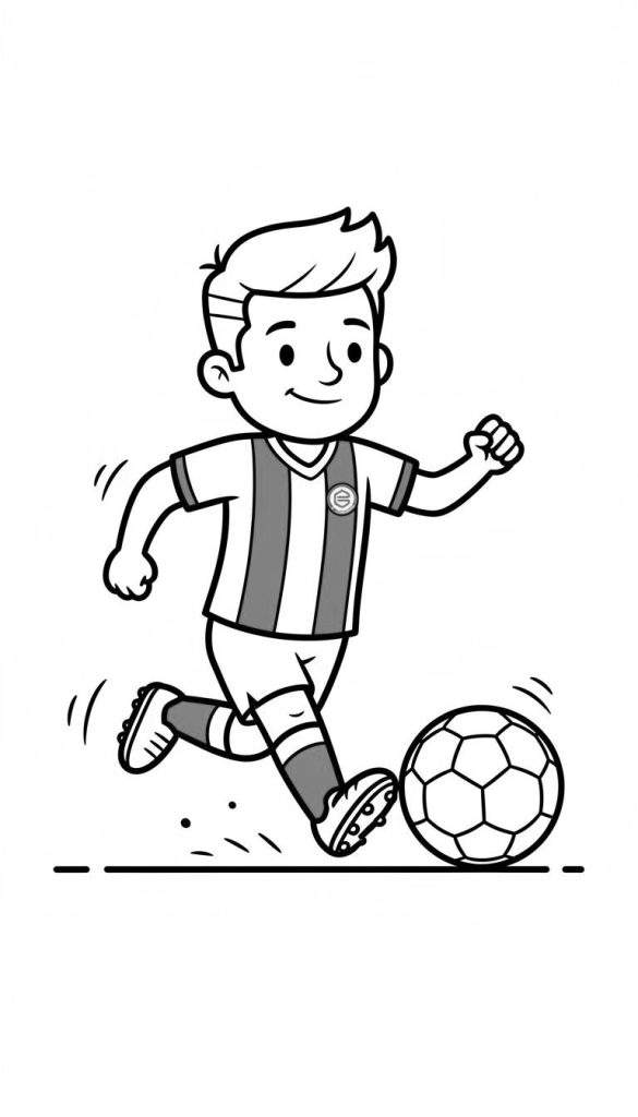 Zwart-wit kleurplaat van een vrolijke jongen in actie, in FC Groningen tenue, die een voetbal trapt, met bewegingslijnen.