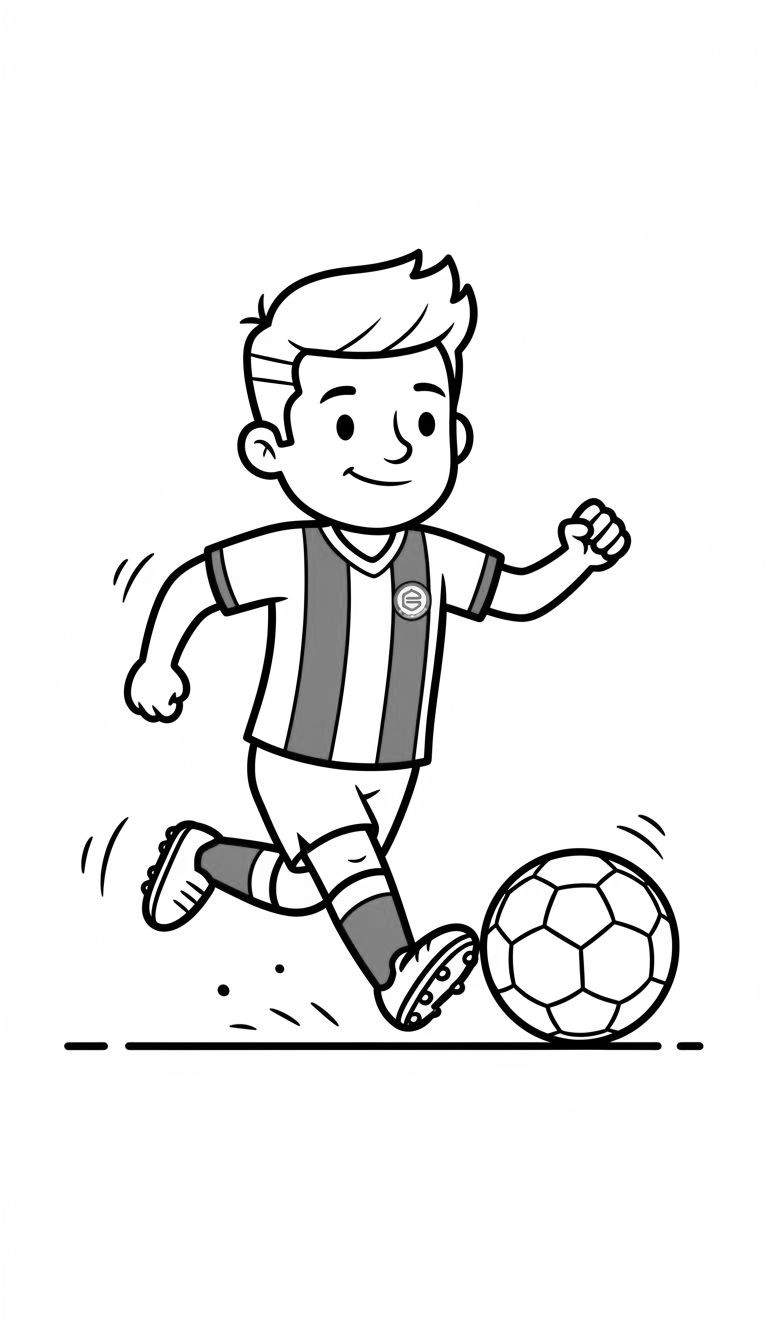 Zwart-wit kleurplaat van een vrolijke jongen in actie, in FC Groningen tenue, die een voetbal trapt, met bewegingslijnen.