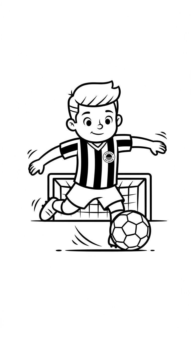 Kleurplaat van een lachende Excelsior voetbaljongen in actie, schopt een voetbal richting een doel, met zwart-wit gestreept shirt en bewegingslijnen.