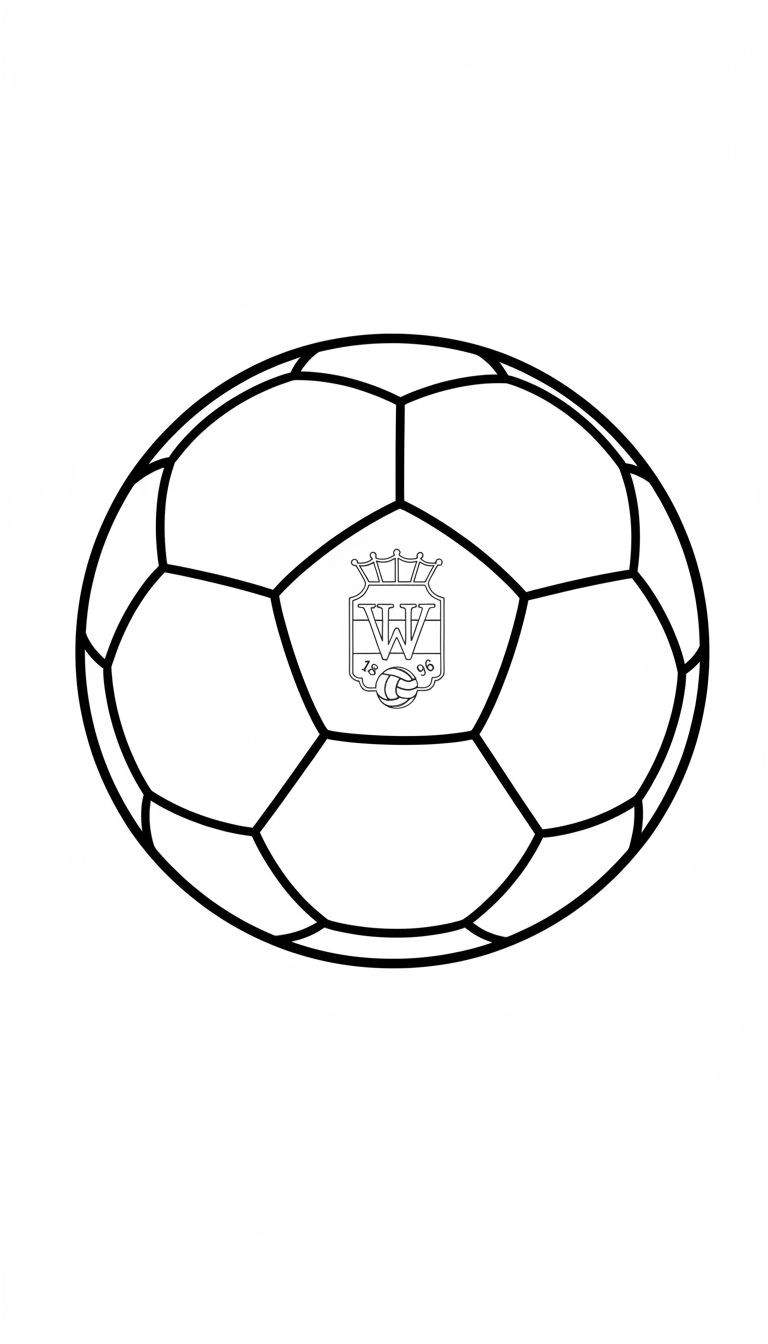 Zwart-wit lijntekening van een voetbal met het Willem II embleem erop, inclusief kroon, de letter 'W', de cijfers '1896' en een klein gestileerd voetbal.