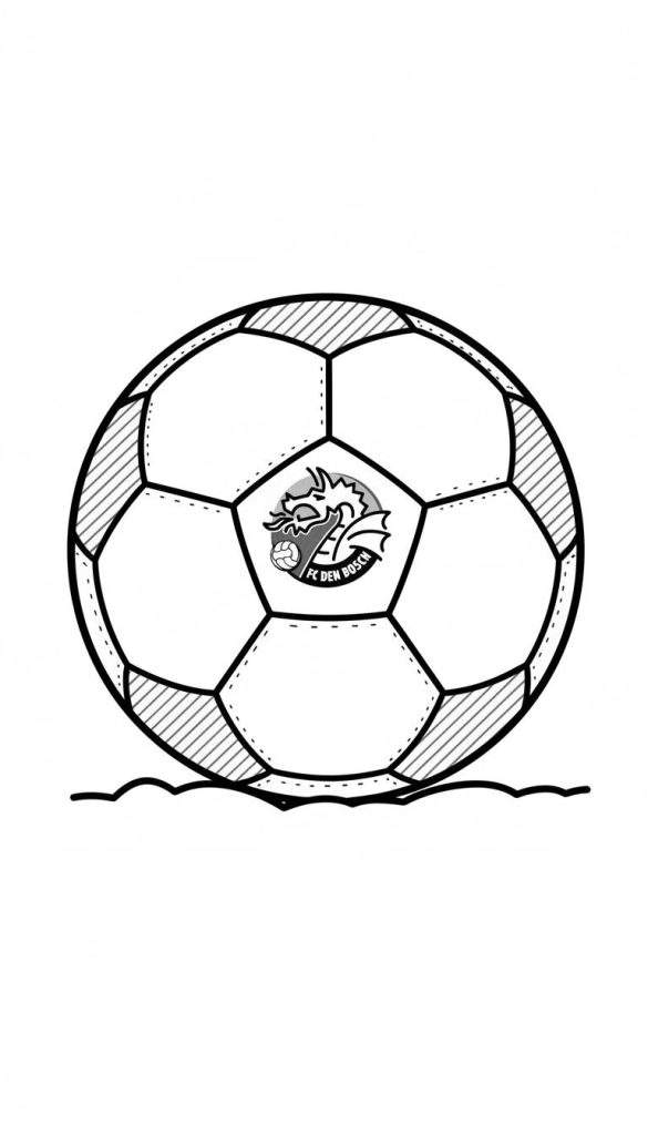Zwart-witte kleurplaat van een klassieke voetbal met het FC Den Bosch logo, waarop een drakenkop, de tekst 'FC DEN BOSCH' en een kleine voetbal te zien zijn. Sommige vlakken van de bal zijn diagonaal gearceerd en de naden zijn gestippeld.