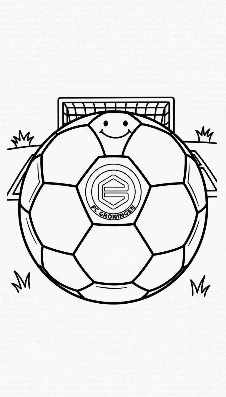 Zwart-wit kleurplaat van een lachende voetbal met het FC Groningen logo, voor een voetbaldoel en grasplukjes.