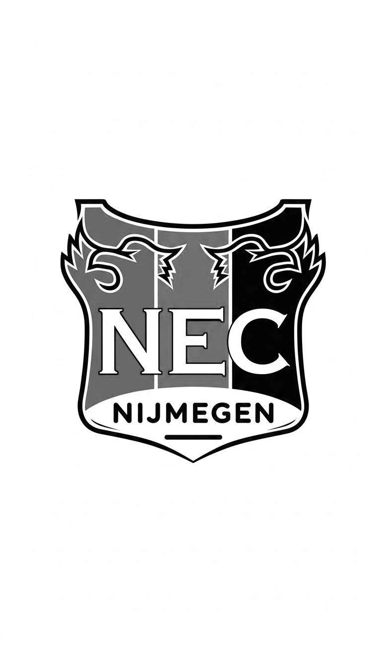 Zwart-wit kleurplaat van het NEC Nijmegen voetbalclub logo. Het is een schild met de letters NEC en NIJMEGEN, gestileerde bliksem- of piekfiguren, en een gestreepte achtergrond.