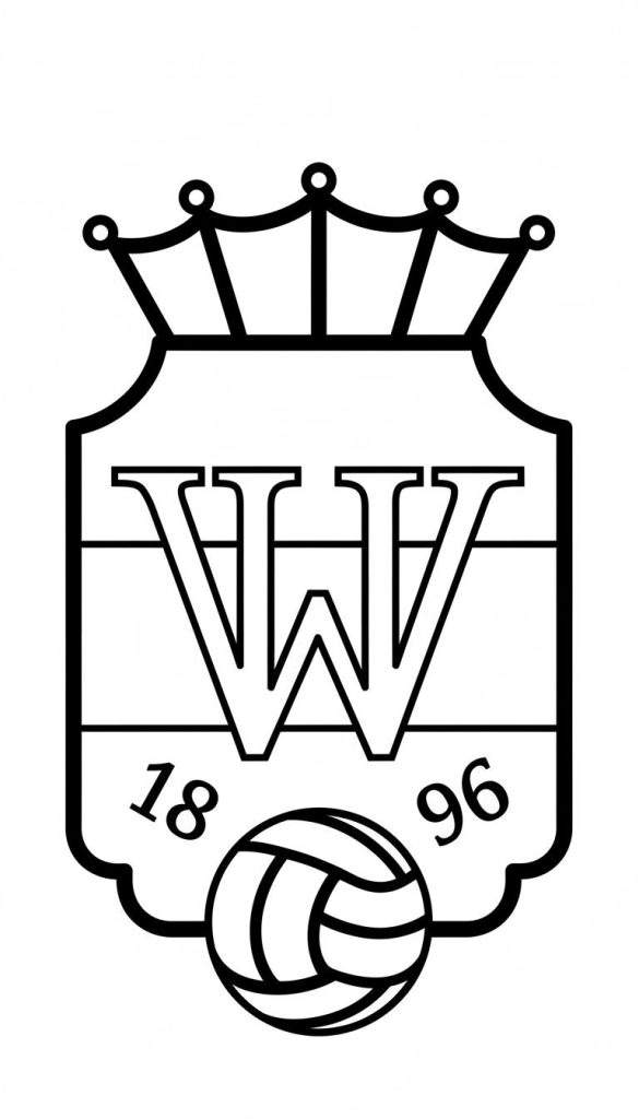 Zwart-wit kleurplaat van het Willem II VVW sportlogo uit 1896. Het embleem bestaat uit een kroon, een schild met daarin de verweven letters "VVW", het jaartal "18 96", en een volleybal aan de onderkant, allemaal omlijnd met dikke zwarte lijnen.