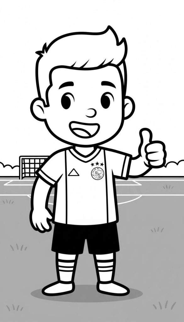 Zwart-wit cartoon kleurplaat van een lachende jongen in een voetbalshirt met Ajax-logo's, die een duim omhoog steekt op een voetbalveld met een doel op de achtergrond. De jongen draagt een wit shirt met drie sterren en een clublogo, zwarte broek en gestreepte sokken.