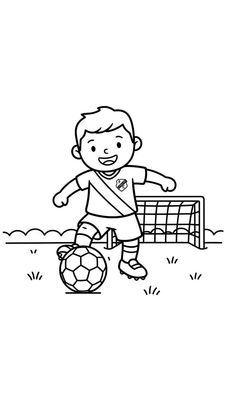 Zwart-wit kleurplaat van een lachend jongetje in een FC Utrecht voetbaltenue, met zijn voet op een klassieke voetbal voor een voetbaldoel op een grasveld.