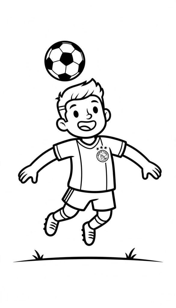 Zwart-wit lijntekening van een vrolijke jonge Ajax-voetballer die in de lucht springt om een voetbal te koppen. Hij draagt een tenue met het clubembleem en drie sterren, en staat boven een grasveld.