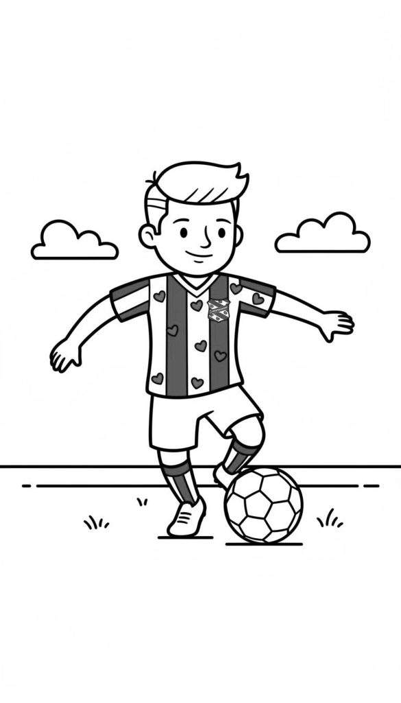 Kleurplaat van een glimlachende jongen in een SC Heerenveen voetbalshirt met hartjes, met zijn voet op een klassieke voetbal op een grasveld met wolken erboven.