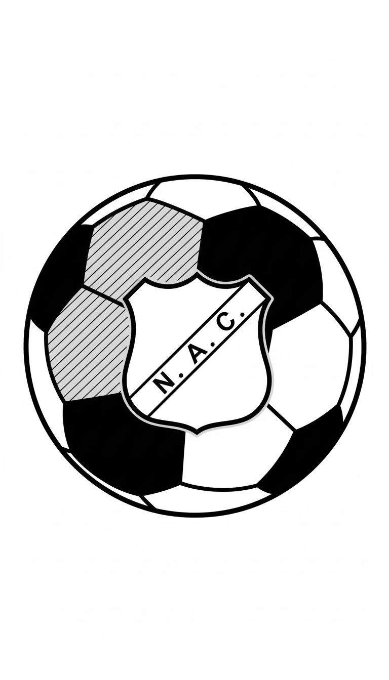 Zwart-wit kleurplaat van een voetbal met het NAC Breda logo: een schild met "N. A. C." over een bal, inclusief grijs gearceerde vlakken.