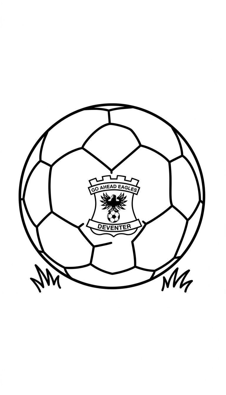 Zwart-wit kleurplaat van het Go Ahead Eagles logo: een adelaar houdt een voetbal vast, omringd door 'GO AHEAD EAGLES' en 'DEVENTER', op een voetbal met graslijnen.