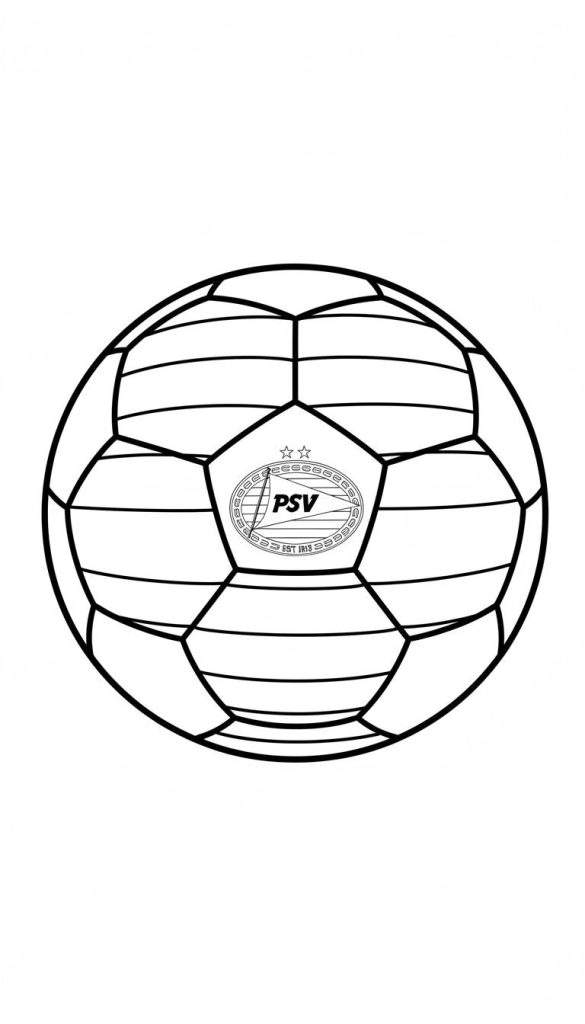 Zwart-witte lijntekening van een klassieke voetbal met PSV-logo, inclusief twee sterren en 'EST 1913', omrand door een krans.