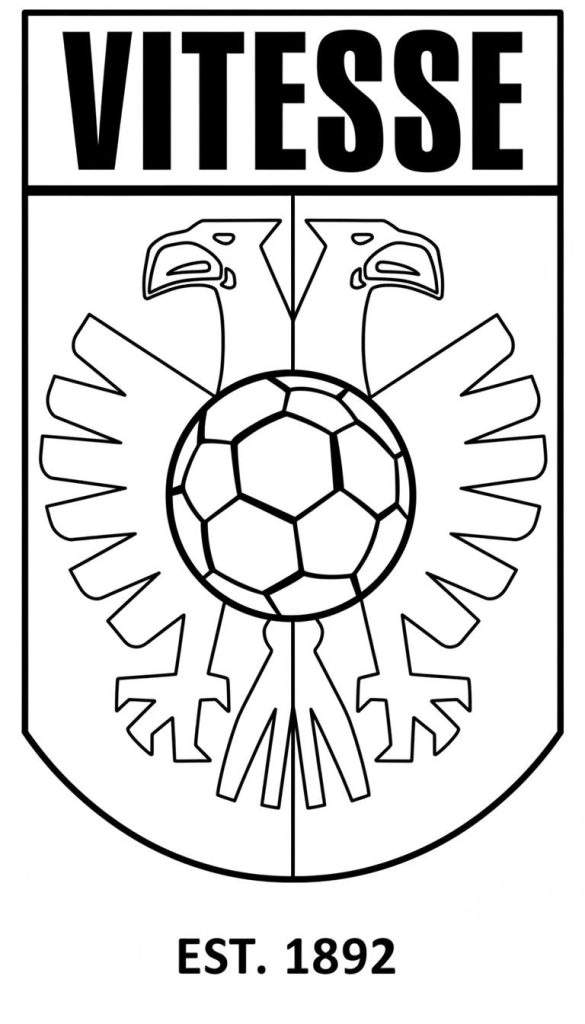 Zwart-wit kleurplaat van het Vitesse clublogo met de naam 'VITESSE', een voetbal, twee adelaars en 'EST. 1892' op een gestileerd schild.