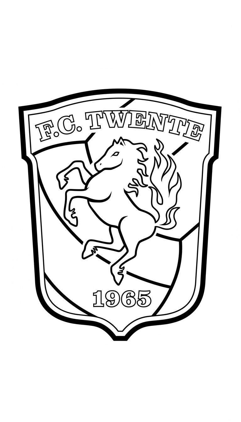 Zwart-wit kleurplaat van het FC Twente logo. Een schild met bovenaan 'F.C. TWENTE', een steigerend Ros Beiaard paard met vlammende manen en staart in het midden, en '1965' onderaan. De achtergrond is diagonaal verdeeld.