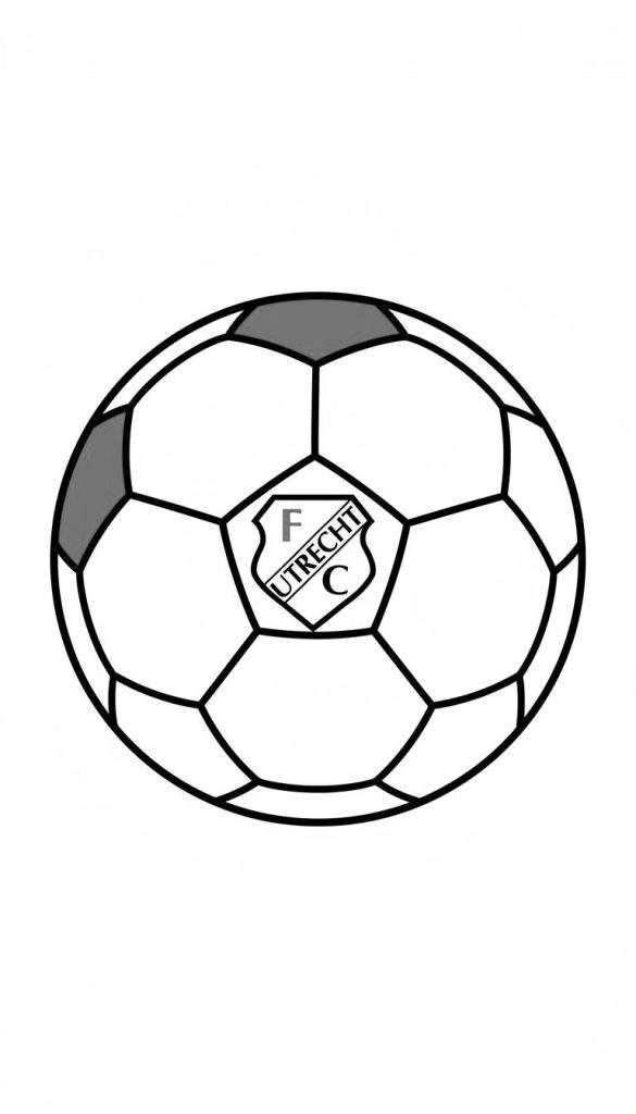Kleurplaat van een klassieke voetbal met het schildvormige logo van FC Utrecht (letters F, C, UTRECHT). Enkele vlakken zijn grijs, de achtergrond is wit.