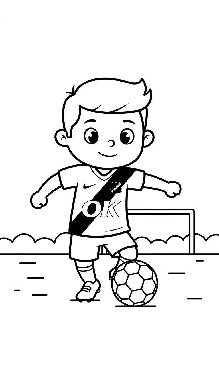 Kleurplaat lachend jongetje met kort haar in voetbaltenue, voet op voetbal met zeshoekig patroon, voor voetbaldoel. Thema: NAC Breda.