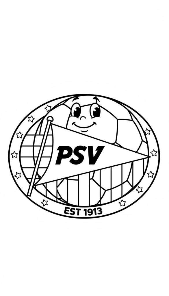Zwart-wit kleurplaat van een lachende voetbal met een PSV-vlag, omgeven door een ovale rand met sterren en de tekst 'EST 1913'.