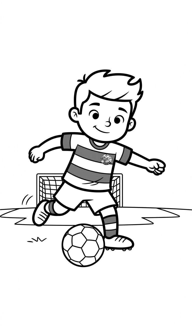 Zwart-wit kleurplaat van een lachende, energieke jongen met stekelig haar die een voetbal schopt richting een doel. Hij draagt een gestreept FC Den Bosch tenue en voetbalschoenen.