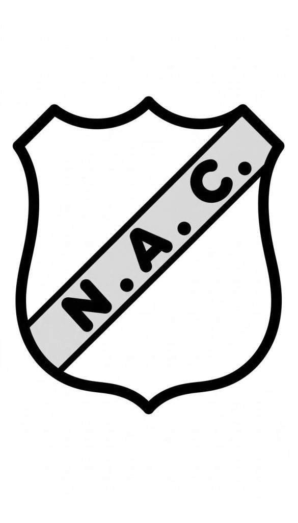 Kleurplaat van het NAC Breda wapenschild met een witte achtergrond, dikke zwarte omtrek, en een lichtgrijze diagonale band met 'N.A.C.' in zwarte hoofdletters.