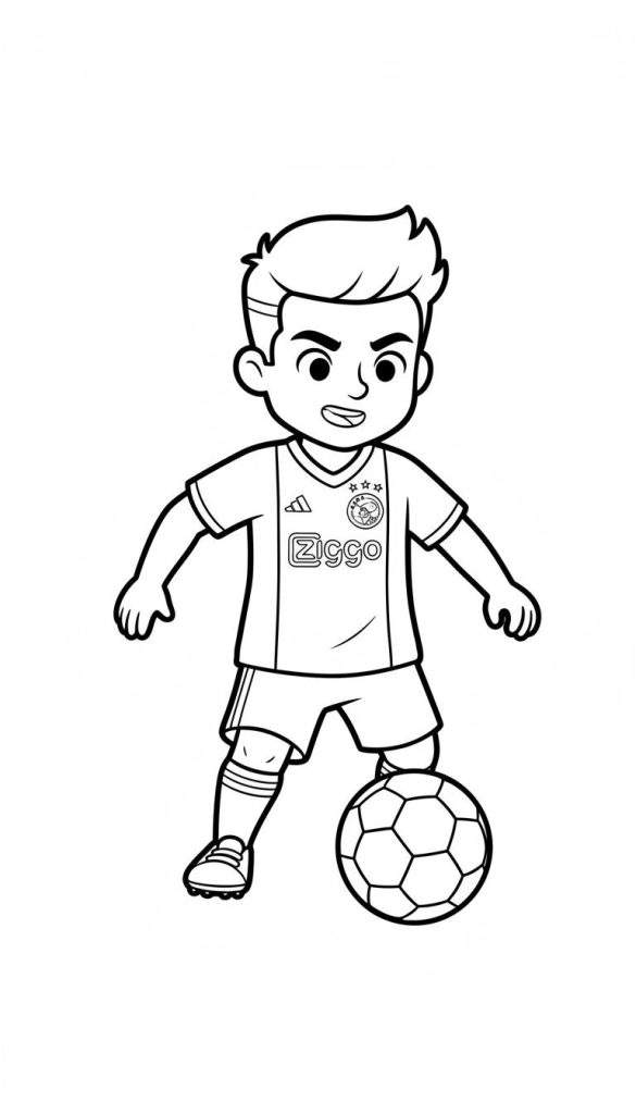 Zwart-witte kleurplaat van een lachende jongen in Ajax voetbaltenue met Adidas, Ziggo en driesterrenclublogo, zijn voet rustend op een voetbal.