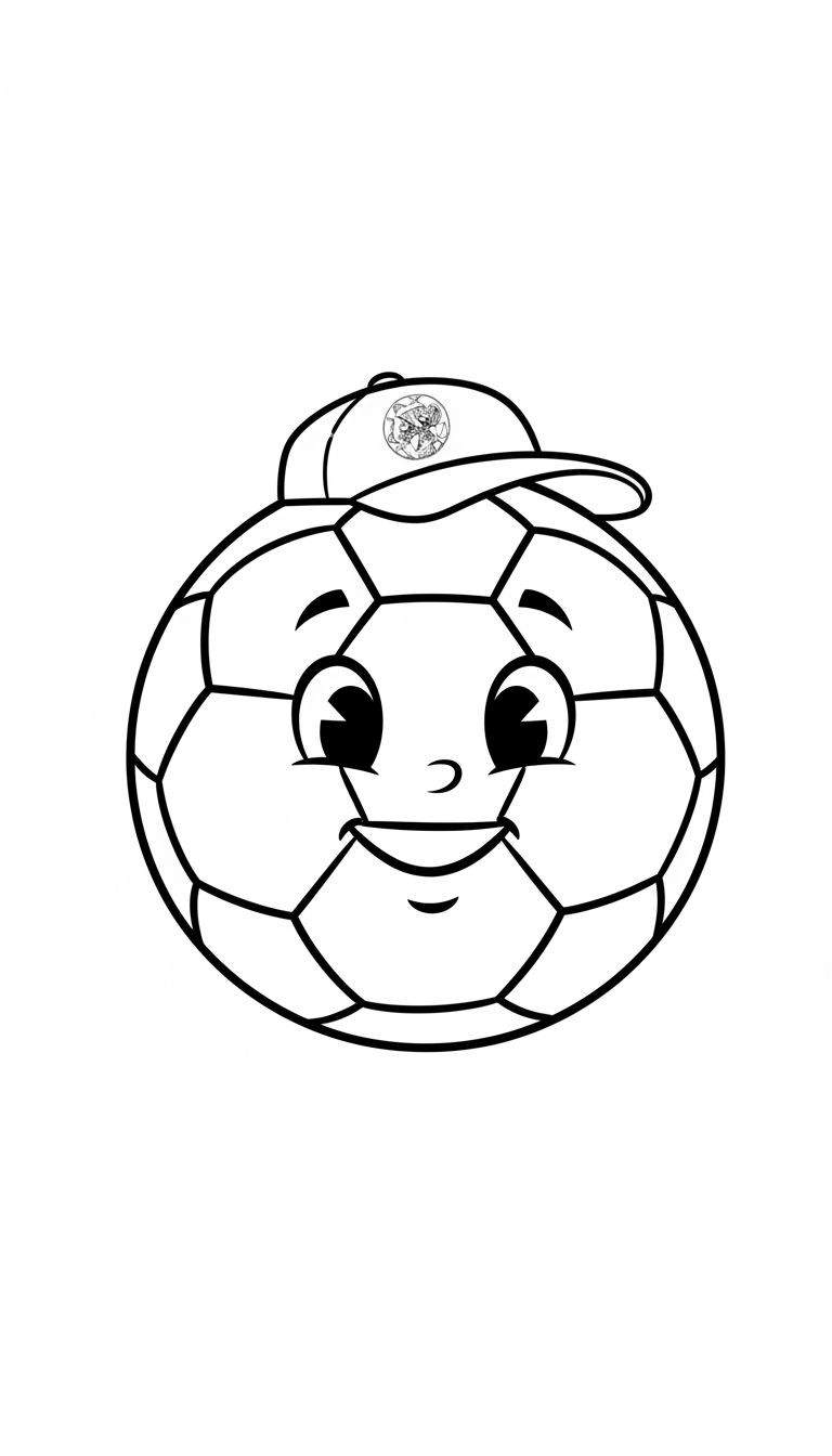 Zwart-wit lijntekening van een vrolijke, cartoonachtige voetbalmascotte met grote ogen, een brede glimlach en een pet met een gedetailleerd logo, ideaal als Ajax-kleurplaat.
