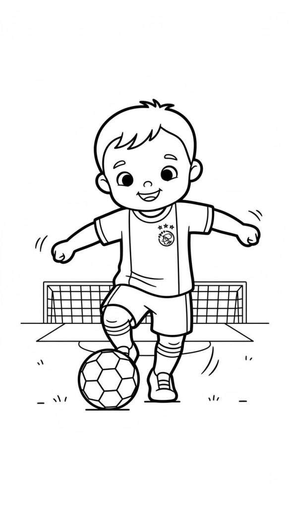 Zwart-wit lijntekening van een lachende jongen in Ajax voetbaltenue met drie sterren en clubembleem. Hij staat met zijn linkervoet op een voetbal, met een voetbaldoel met net op de achtergrond. Kleine streepjes suggereren beweging op het grasveld.