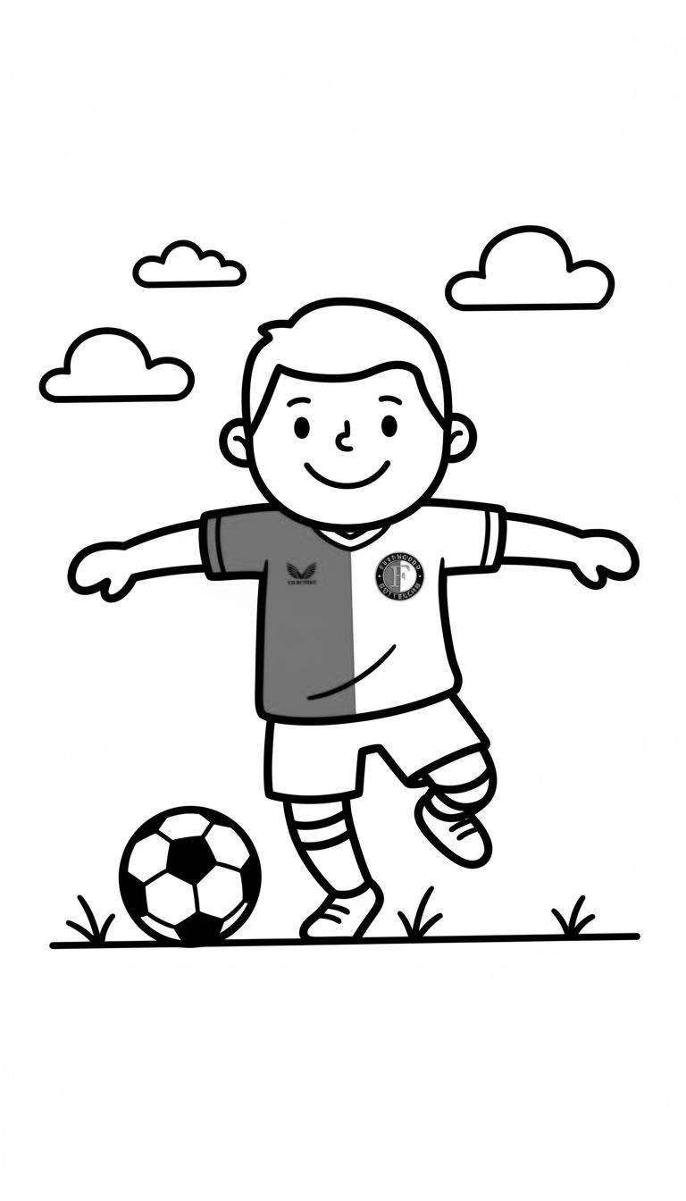 Kleurplaat van een glimlachende jongen in een tweekleurig voetbalshirt (met vogel- en clublogo 'F'), speelveld met voetbal. Cartoonstijl.