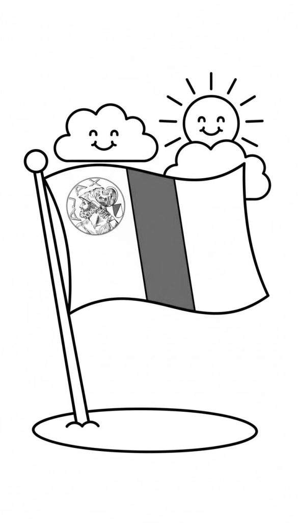 Zwart-wit kleurplaat van een Ajax-vlag met het clubembleem, wapperend aan een schuine mast, tegen een lucht met een lachende wolk en een vrolijk schijnende zon.