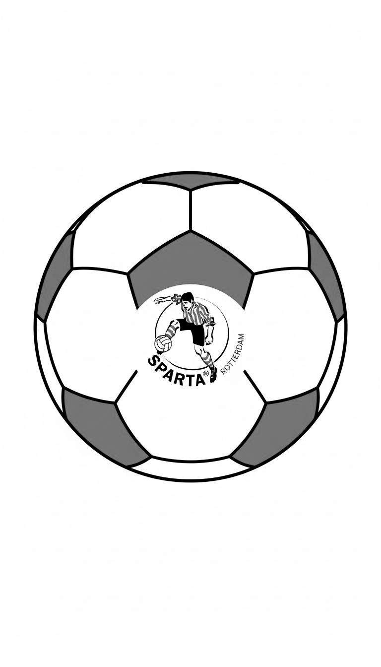 Kleurplaat van een voetbal met het ronde logo van Sparta Rotterdam, inclusief een voetballer, de tekst "SPARTA" en "ROTTERDAM".