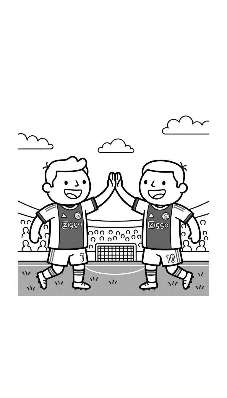 Kleurplaat van twee lachende Ajax-voetballers met rugnummers 7 en 10 die een high-five geven in een stadion, met Ziggo- en Ajax-logo's op hun shirts en publiek op de tribune.