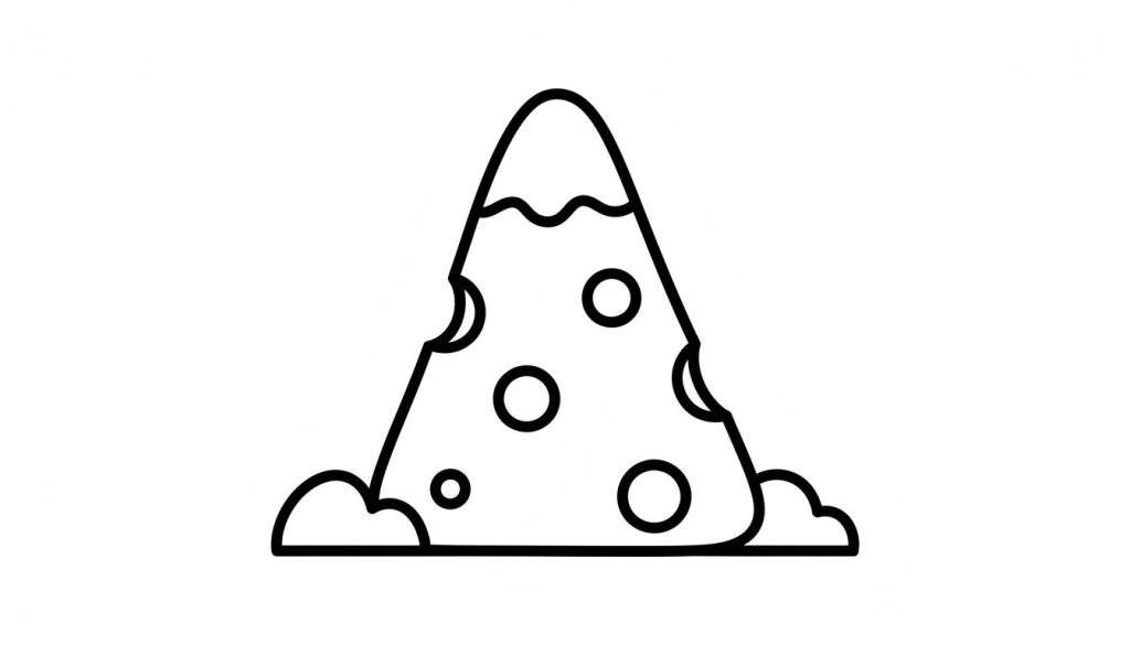 Zwart-wit lijntekening van een speelse 'kaasberg', die zowel een puntige berg met een golvende lijn als sneeuwkap en wolkachtige vormen aan de voet, als een stuk gatenkaas met ronde gaten en afgebeten zijkanten voorstelt. Eenvoudige kleurplaat.