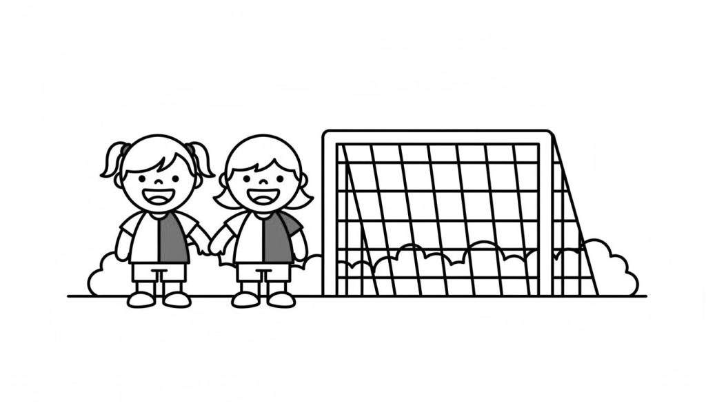 Zwart-wit kleurplaat van twee vrolijke meisjes in voetbaloutfits, hand in hand, lachend met een voetbaldoel op de achtergrond.