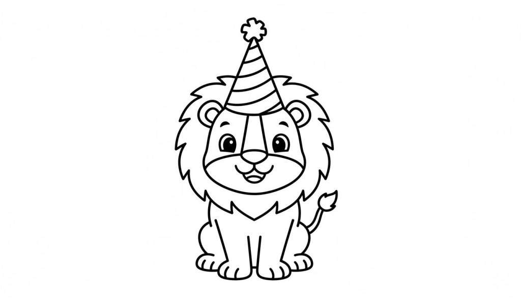 Zwart-wit kleurplaat van een vrolijke zittende leeuw met gestileerde manen, een brede glimlach en een gestreept feesthoedje op zijn hoofd.