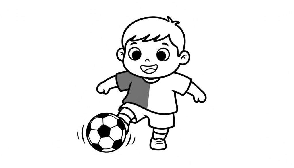 Zwart-wit lijntekening van een vrolijke jongen die een klassieke voetbal trapt of dribbelt, met een t-shirt met grijs en wit ontwerp, korte broek en bewegingslijnen om de bal.