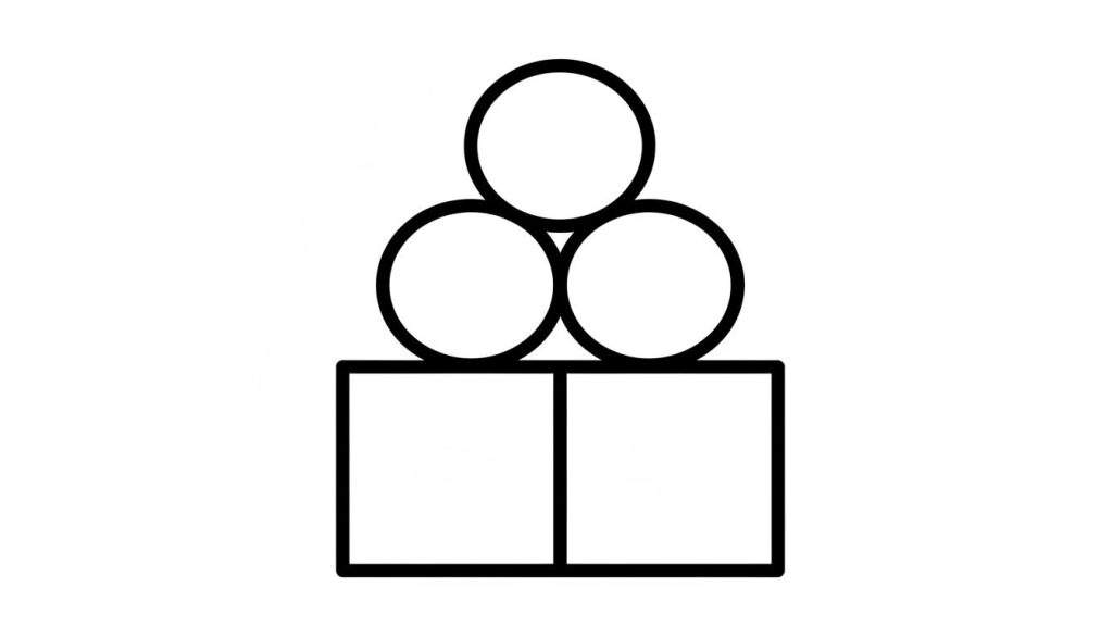 Kleurplaat van gestapelde geometrische vormen: twee zwarte vierkanten onderaan, daarop twee zwarte cirkels, en één zwarte cirkel erbovenop, vormt een abstracte piramide.