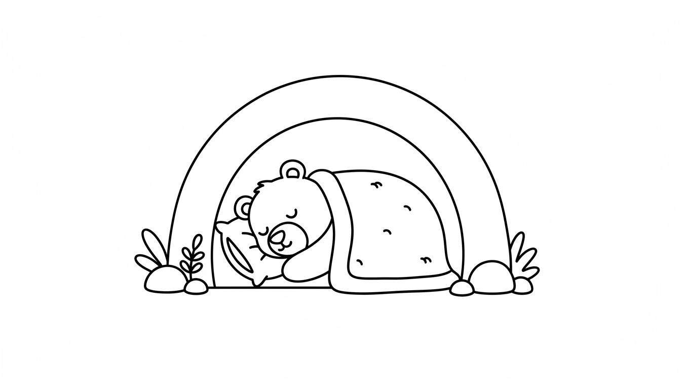 Kleurplaat van een schattige, slapende beer op een kussen onder een deken met krulpatroon, glimlachend, onder een dubbele boog met plantjes en steentjes.