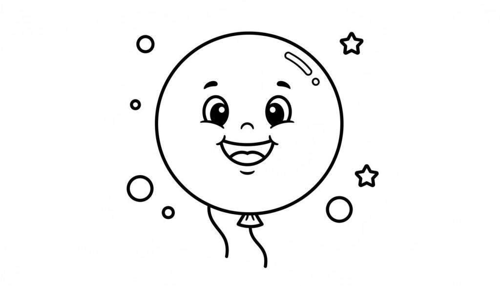 Zwart-wit lijntekening van een vrolijke, lachende ballon met grote ogen, wenkbrauwen, een kleine neus en een brede mond met tanden. Onderaan is een knoopje met een touwtje. Rondom de ballon zweven diverse kleine cirkels en twee sterren.