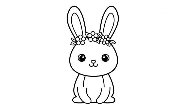 Lieve konijn kleurplaat met bloemenkrans op het hoofd, grote ogen, rechtop zittend.