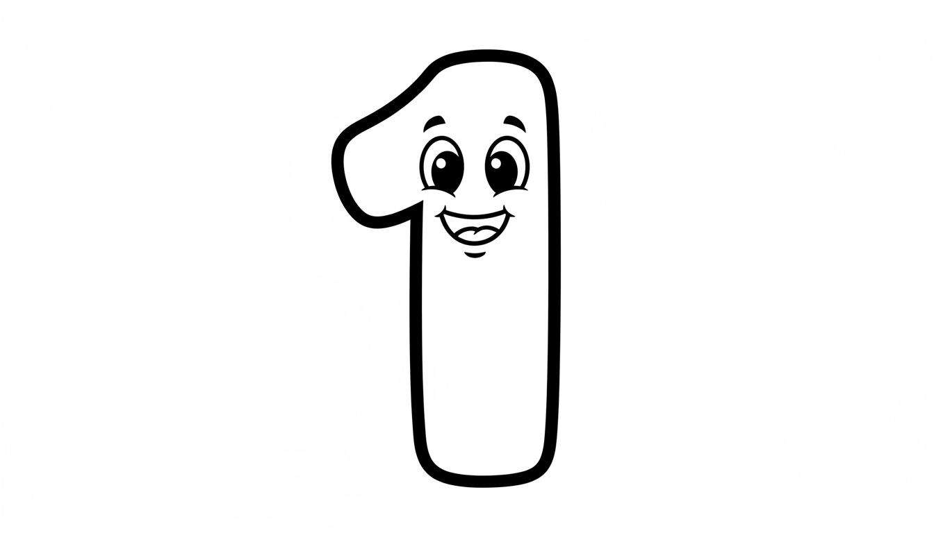 Zwart-witte kleurplaat van een vriendelijk, cartoonachtig cijfer 1 met lachend gezicht, grote ogen, wenkbrauwen en uitstekende tong op een witte achtergrond.