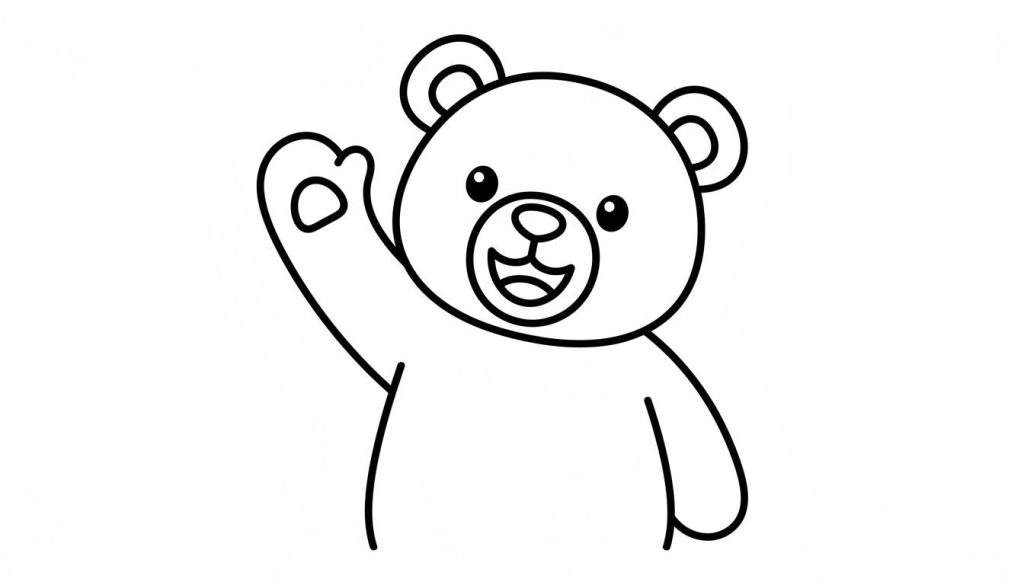 Zwart-wit lijnillustratie van een vrolijke, lachende cartoonbeer met grote oren, kleine ronde ogen en een omhoog geheven arm alsof hij zwaait. Een makkelijke kleurplaat.