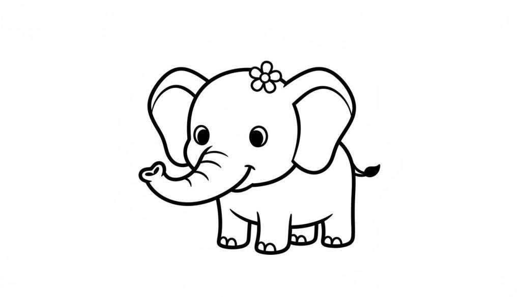 Zwart-wit kleurplaat van een schattige baby olifant met grote oren, ronde ogen, een vriendelijke glimlach, een bloemetje op zijn hoofd en een vrolijk omhoog gekrulde slurf.