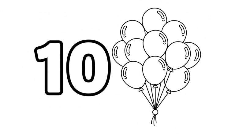 Kleurplaat van het getal 10 naast een tros van tien feestelijke ballonnen, met dikke lijnen en glansdetails.