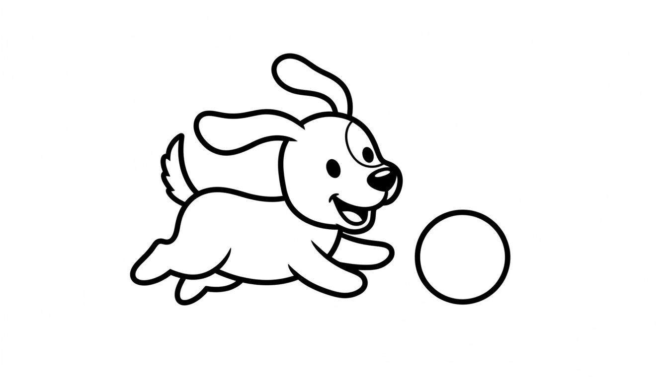 Zwart-witte kleurplaat van een vrolijke cartoonhond met hangoren, lachend, rennend achter een simpele bal.