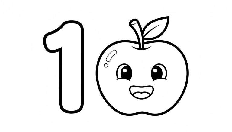 Zwart-wit kleurplaat van het getal 10, waarbij de nul een schattige, lachende appel is met een gezichtje, steeltje en blaadje.